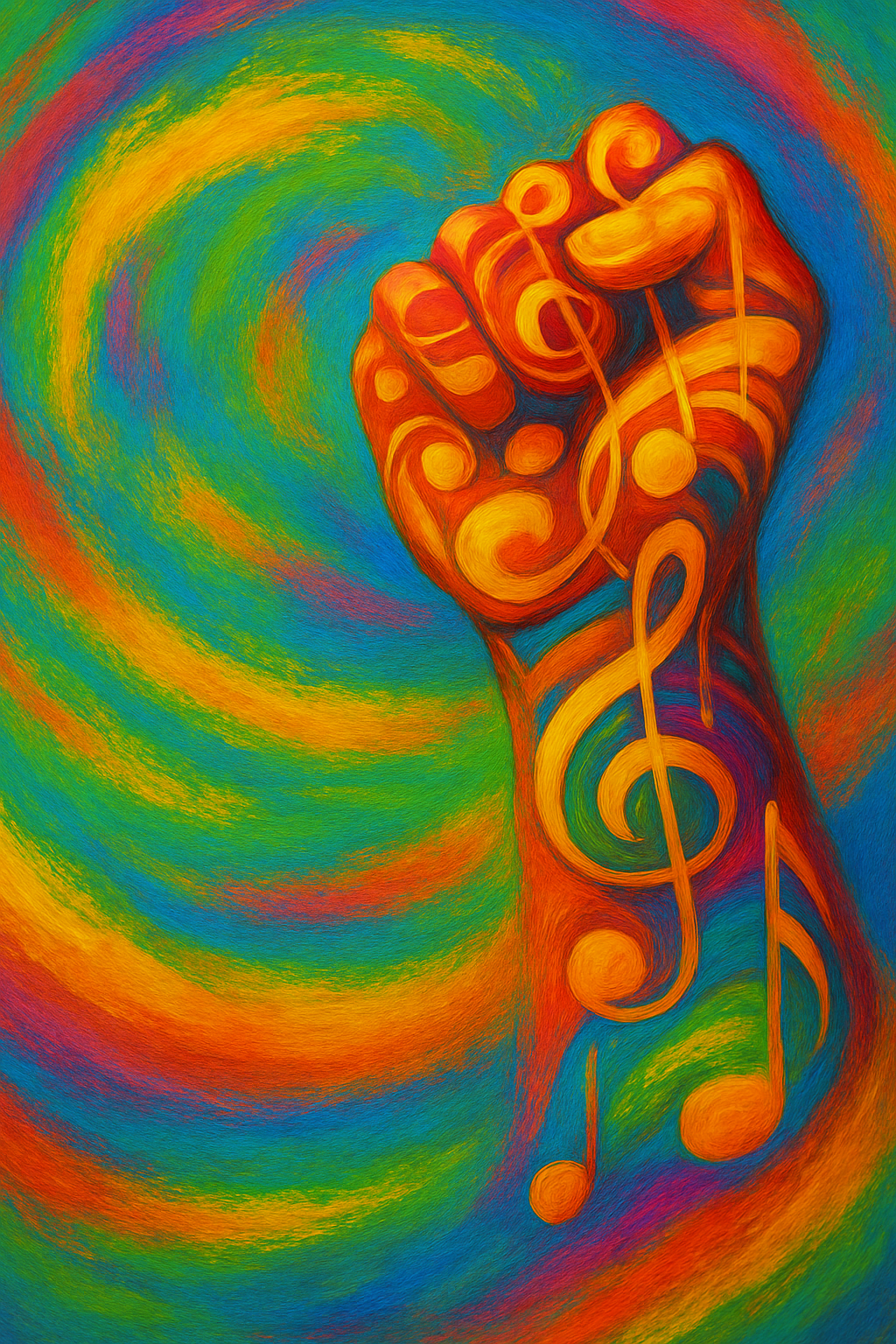 Multicolored fist with a treble clef and music note design